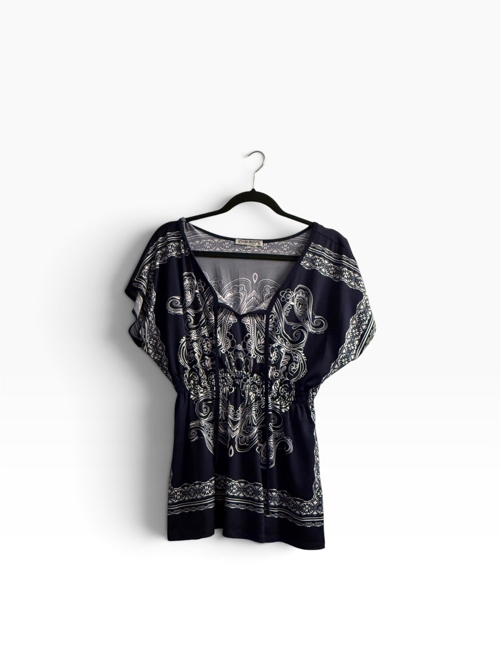 Claudia Richard Navy Blue and White Patterned Short Sleeve Tunic Top Medium